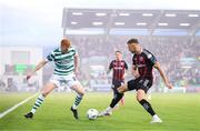 1 September 2023; Rory Gaffney of Shamrock Rovers in action against Kacper Radkowski of Bohemians during the SSE Airtricity Men's Premier Division match between Shamrock Rovers and Bohemians at Tallaght Stadium in Dublin. Photo by Stephen McCarthy/Sportsfile