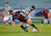 1 September 2023; Roberto Lopes of Shamrock Rovers is tackled by Dylan Connolly of Bohemians during the SSE Airtricity Men's Premier Division match between Shamrock Rovers and Bohemians at Tallaght Stadium in Dublin. Photo by Tyler Miller/Sportsfile