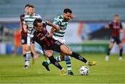 1 September 2023; Roberto Lopes of Shamrock Rovers is tackled by Dylan Connolly of Bohemians during the SSE Airtricity Men's Premier Division match between Shamrock Rovers and Bohemians at Tallaght Stadium in Dublin. Photo by Tyler Miller/Sportsfile