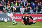 1 September 2023; Rory Gaffney of Shamrock Rovers in action against Kacper Radkowski of Bohemians during the SSE Airtricity Men's Premier Division match between Shamrock Rovers and Bohemians at Tallaght Stadium in Dublin. Photo by Stephen McCarthy/Sportsfile