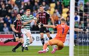 1 September 2023; Rory Gaffney of Shamrock Rovers in action against Bohemians goalkeeper James Talbot and Keith Buckley during the SSE Airtricity Men's Premier Division match between Shamrock Rovers and Bohemians at Tallaght Stadium in Dublin. Photo by Stephen McCarthy/Sportsfile