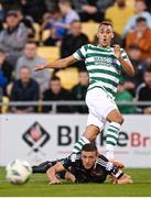 1 September 2023; Graham Burke of Shamrock Rovers in action against Keith Buckley of Bohemians during the SSE Airtricity Men's Premier Division match between Shamrock Rovers and Bohemians at Tallaght Stadium in Dublin. Photo by Stephen McCarthy/Sportsfile