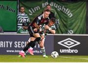 1 September 2023; Danny Grant of Bohemians is tackled by Ronan Finn of Shamrock Rovers during the SSE Airtricity Men's Premier Division match between Shamrock Rovers and Bohemians at Tallaght Stadium in Dublin. Photo by Stephen McCarthy/Sportsfile