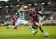 1 September 2023; Ronan Finn of Shamrock Rovers in action against Paddy Kirk of Bohemians during the SSE Airtricity Men's Premier Division match between Shamrock Rovers and Bohemians at Tallaght Stadium in Dublin. Photo by Stephen McCarthy/Sportsfile