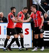1 September 2023; Will Patching of Derry City celebrates with teammate Sam Todd, right, after scoring their side's first goal during the SSE Airtricity Men's Premier Division match between Dundalk and Derry City at Oriel Park in Dundalk, Louth. Photo by Ramsey Cardy/Sportsfile