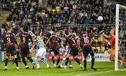 1 September 2023; Lee Grace, 5, of Shamrock Rovers heads his side's first goal past Bohemians goalkeeper James Talbot during the SSE Airtricity Men's Premier Division match between Shamrock Rovers and Bohemians at Tallaght Stadium in Dublin. Photo by Stephen McCarthy/Sportsfile