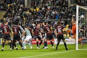 1 September 2023; Lee Grace, 5, of Shamrock Rovers heads his side's first goal past Bohemians goalkeeper James Talbot during the SSE Airtricity Men's Premier Division match between Shamrock Rovers and Bohemians at Tallaght Stadium in Dublin. Photo by Stephen McCarthy/Sportsfile