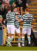 1 September 2023; Lee Grace, centre, of Shamrock Rovers celebrates with team-mates Daniel Cleary, 6, and Rory Gaffney, rigth, after scoring his side's first goal during the SSE Airtricity Men's Premier Division match between Shamrock Rovers and Bohemians at Tallaght Stadium in Dublin. Photo by Stephen McCarthy/Sportsfile