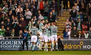 1 September 2023; Shamrock Rovers players celebrate after Lee Grace scored their side's first goal during the SSE Airtricity Men's Premier Division match between Shamrock Rovers and Bohemians at Tallaght Stadium in Dublin. Photo by Stephen McCarthy/Sportsfile