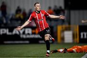 1 September 2023; Ben Doherty of Derry City celebrates after scoring his side's second goal during the SSE Airtricity Men's Premier Division match between Dundalk and Derry City at Oriel Park in Dundalk, Louth. Photo by Ramsey Cardy/Sportsfile