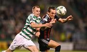 1 September 2023; Dylan Connolly of Bohemians in action against Sean Kavanagh of Shamrock Rovers during the SSE Airtricity Men's Premier Division match between Shamrock Rovers and Bohemians at Tallaght Stadium in Dublin. Photo by Stephen McCarthy/Sportsfile