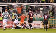 1 September 2023; Ronan Finn of Shamrock Rovers shoots to score his side's second goal past Bohemians goalkeeper James Talbot during the SSE Airtricity Men's Premier Division match between Shamrock Rovers and Bohemians at Tallaght Stadium in Dublin. Photo by Stephen McCarthy/Sportsfile