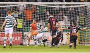 1 September 2023; Ronan Finn of Shamrock Rovers shoots to score his side's second goal past Bohemians goalkeeper James Talbot during the SSE Airtricity Men's Premier Division match between Shamrock Rovers and Bohemians at Tallaght Stadium in Dublin. Photo by Stephen McCarthy/Sportsfile