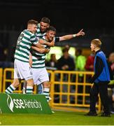 1 September 2023; Ronan Finn of Shamrock Rovers, right, celebrates with teammate Gary O'Neill, centre, and Markus Poom after scoring their side's second goal during the SSE Airtricity Men's Premier Division match between Shamrock Rovers and Bohemians at Tallaght Stadium in Dublin. Photo by Tyler Miller/Sportsfile