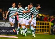 1 September 2023; Ronan Finn of Shamrock Rovers, left, celebrates with teammate Richie Towell oafter scoring their side's second goal during the SSE Airtricity Men's Premier Division match between Shamrock Rovers and Bohemians at Tallaght Stadium in Dublin. Photo by Tyler Miller/Sportsfile