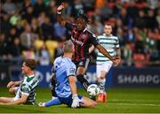 1 September 2023; Jonathan Afolabi of Bohemians has a shot on goal saved by Shamrock Rovers goalkeeper Alan Mannus during the SSE Airtricity Men's Premier Division match between Shamrock Rovers and Bohemians at Tallaght Stadium in Dublin. Photo by Tyler Miller/Sportsfile