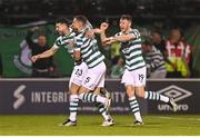 1 September 2023; Neil Farrugia, left, celebrates with Shamrock Rovers team-mates Lee Grace and Markus Poom, right, after scoring their side's third goal during the SSE Airtricity Men's Premier Division match between Shamrock Rovers and Bohemians at Tallaght Stadium in Dublin. Photo by Stephen McCarthy/Sportsfile