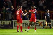 1 September 2023; Euclides Cabral of Shelbourne, right, celebrates with teammate Jonathan Lunney after scoring their side's first goal during the SSE Airtricity Men's Premier Division match between Shelbourne and St Patrick's Athletic at Tolka Park in Dublin. Photo by Seb Daly/Sportsfile