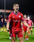 1 September 2023; Evan Caffrey of Shelbourne celebrates after his side's victory in the SSE Airtricity Men's Premier Division match between Shelbourne and St Patrick's Athletic at Tolka Park in Dublin. Photo by Seb Daly/Sportsfile