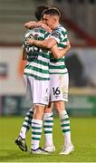 1 September 2023; Neil Farrugia of Shamrock Rovers, left, and teammate Gary O'Neill celebrate after their side's victory in the SSE Airtricity Men's Premier Division match between Shamrock Rovers and Bohemians at Tallaght Stadium in Dublin. Photo by Tyler Miller/Sportsfile