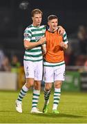 1 September 2023; Daniel Cleary of Shamrock Rovers, left, and teammate Ronan Finn celebrate after their side's victory in the SSE Airtricity Men's Premier Division match between Shamrock Rovers and Bohemians at Tallaght Stadium in Dublin. Photo by Tyler Miller/Sportsfile