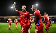 1 September 2023; Paddy Barrett of Shelbourne, left, celebrates with teammate Jack Moylan after scoring their side's second goal during the SSE Airtricity Men's Premier Division match between Shelbourne and St Patrick's Athletic at Tolka Park in Dublin. Photo by Seb Daly/Sportsfile