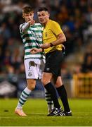 1 September 2023; Johnny Kenny of Shamrock Rovers protests to referee Rob Hennessy during the SSE Airtricity Men's Premier Division match between Shamrock Rovers and Bohemians at Tallaght Stadium in Dublin. Photo by Tyler Miller/Sportsfile