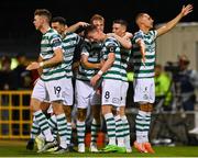 1 September 2023; Ronan Finn of Shamrock Rovers, 8, celebrates with teammates after scoring his side's second goal during the SSE Airtricity Men's Premier Division match between Shamrock Rovers and Bohemians at Tallaght Stadium in Dublin. Photo by Tyler Miller/Sportsfile