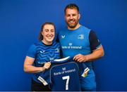 1 September 2023; Molly Boyne with Contact skills coach Sean O'Brien during a Leinster rugby women's jersey presentation at Energia Park in Dublin. Photo by David Fitzgerald/Sportsfile