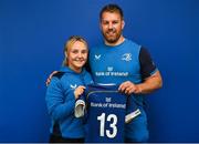 1 September 2023; Aoife Dalton with Contact skills coach Sean O'Brien during a Leinster rugby women's jersey presentation at Energia Park in Dublin. Photo by David Fitzgerald/Sportsfile