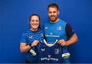 1 September 2023; Elise O'Byrne-White with Contact skills coach Sean O'Brien during a Leinster rugby women's jersey presentation at Energia Park in Dublin. Photo by David Fitzgerald/Sportsfile
