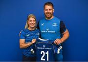 1 September 2023; Ailsa Hughes with Contact skills coach Sean O'Brien during a Leinster rugby women's jersey presentation at Energia Park in Dublin. Photo by David Fitzgerald/Sportsfile