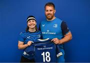 1 September 2023; Sarah Delaney with Contact skills coach Sean O'Brien during a Leinster rugby women's jersey presentation at Energia Park in Dublin. Photo by David Fitzgerald/Sportsfile
