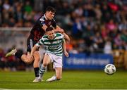1 September 2023; Gary O'Neill of Shamrock Rovers is tackled by James Clarke of Bohemians during the SSE Airtricity Men's Premier Division match between Shamrock Rovers and Bohemians at Tallaght Stadium in Dublin. Photo by Tyler Miller/Sportsfile