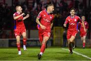 1 September 2023; Paddy Barrett of Shelbourne, centre, celebrates after scoring his side's second goal during the SSE Airtricity Men's Premier Division match between Shelbourne and St Patrick's Athletic at Tolka Park in Dublin. Photo by Seb Daly/Sportsfile