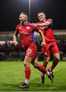 1 September 2023; Paddy Barrett of Shelbourne celebrates with teammate Jonathan Lunney after scoring their side's second goal during the SSE Airtricity Men's Premier Division match between Shelbourne and St Patrick's Athletic at Tolka Park in Dublin. Photo by Seb Daly/Sportsfile