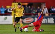 1 September 2023; Kian Leavy of St Patrick's Athletic in action against Jonathan Lunney of Shelbourne during the SSE Airtricity Men's Premier Division match between Shelbourne and St Patrick's Athletic at Tolka Park in Dublin. Photo by Seb Daly/Sportsfile