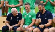 2 September 2023; Ireland captain Jonathan Sexton, centre, with team manager Michael Kearney, left, and head coach Andy Farrell as they sit for an official photograph before their rugby open training session at Stade Vallée du Cher in Tours, France.  Photo by Brendan Moran/Sportsfile