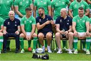 2 September 2023; Ireland head coach Andy Farrell, centre, sits alongside captain Jonathan Sexton, team manager Michael Kearney, forwards coach Paul O'Connell and Peter O'Mahony as they sit for an official squad photograph before their rugby open training session at Stade Vallée du Cher in Tours, France. Photo by Brendan Moran/Sportsfile