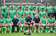 2 September 2023; Ireland head coach Andy Farrell, centre, sits alongside captain Jonathan Sexton, and forwards coach Paul O'Connell as they sit for an official squad photograph before their rugby open training session at Stade Vallée du Cher in Tours, France. Photo by Brendan Moran/Sportsfile