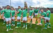 2 September 2023; Ireland players, from left, Peter O’Mahony, Tadhg Furlong, Caelan Doris, Conor Murray, Robbie Henshaw, Craig Casey, Keith Earls and Tom O'Toole, await their official squad photograph before their open training session at Stade Vallée du Cher in Tours, France. Photo by Brendan Moran/Sportsfile