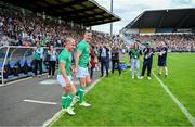 2 September 2023; Ireland captain Jonathan Sexton and teammate Craig Casey walk out onto the pitch for their open training session at Stade Vallée du Cher in Tours, France. Photo by Brendan Moran/Sportsfile