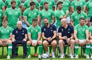 2 September 2023; Ireland head coach Andy Farrell, centre, sits alongside captain Jonathan Sexton, and forwards coach Paul O'Connell as they sit for an official squad photograph before their rugby open training session at Stade Vallée du Cher in Tours, France. Photo by Brendan Moran/Sportsfile