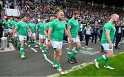 2 September 2023; Finlay Bealham, Iain Henderson and Jeremy Loughman walk out for an Ireland rugby open training session at Stade Vallée du Cher in Tours, France. Photo by Brendan Moran/Sportsfile