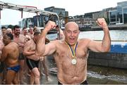 2 September 2023; Ronan Dalton celebrates after winning the 103rd Jones Engineering Liffey Swim organised by Leinster Open Sea. Photo by David Fitzgerald/Sportsfile