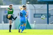 2 September 2023; Dearbhaile Beirne of Peamount United in action against Michelle Doonan of DLR Waves during the SSE Airtricity Women's Premier Division match between DLR Waves and Peamount United at Whitehall Stadium in Dublin. Photo by Tyler Miller/Sportsfile
