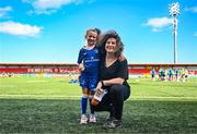 2 September 2023; Leinster mascot Aoibinn Geoghan, age 6, from Celbridge, Kildare, with TG4 pundit and former Ireland and Leinster player Jenny Murphy before during the Vodafone Women’s Interprovincial Championship final between Munster and Leinster at Musgrave Park in Cork. Photo by Eóin Noonan/Sportsfile