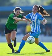 2 September 2023; Rebecca Watkins of Peamount United in action against Hannah Tobin Jones of DLR Waves during the SSE Airtricity Women's Premier Division match between DLR Waves and Peamount United at Whitehall Stadium in Dublin. Photo by Tyler Miller/Sportsfile
