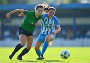 2 September 2023; Rebecca Watkins of Peamount United in action against Hannah Tobin Jones of DLR Waves during the SSE Airtricity Women's Premier Division match between DLR Waves and Peamount United at Whitehall Stadium in Dublin. Photo by Tyler Miller/Sportsfile