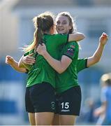 2 September 2023; Rebecca Watkins of Peamount United, left, celebrates with teammate Ellen Dolan after forcing Jessica Gleeson of DLR Waves to score an own goal during the SSE Airtricity Women's Premier Division match between DLR Waves and Peamount United at Whitehall Stadium in Dublin. Photo by Tyler Miller/Sportsfile